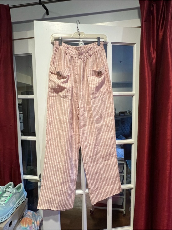 Pants - Italian linen High-Rise Pink Striped Wide-Leg Pants with Button Flap Pockets